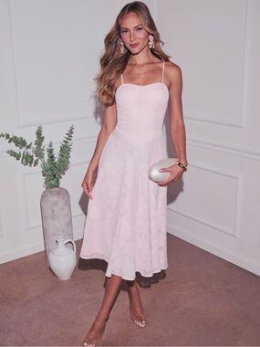 Vici Light Pink Spaghetti-Strap Lace Midi Dress
